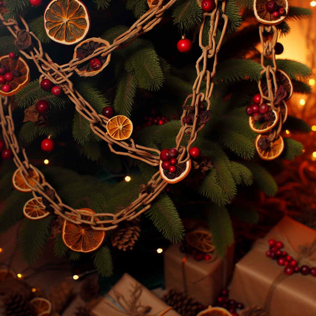 Naturalne łańcuchy i suszone owoce na choinkę